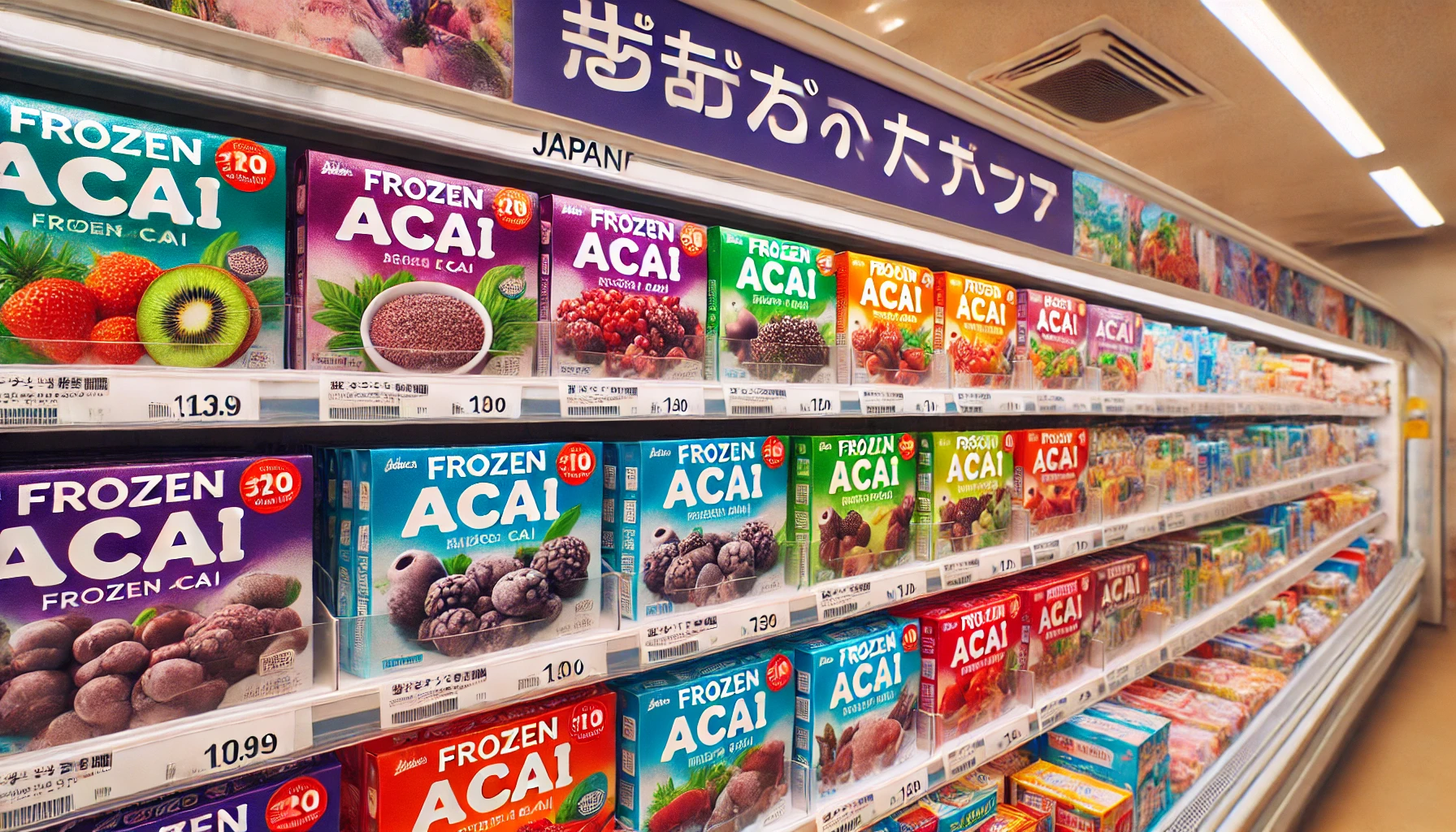 A vibrant store shelf in a Japanese supermarket showcasing various frozen acai packs, with clear labeling in Japanese and a clean, well-organized presentation. High-quality detail, realistic lighting, 16:9 aspect ratio.