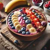 A beautifully styled frozen acai smoothie bowl on a wooden table, topped with fresh fruits like banana slices, blueberries, strawberries, and granola, with a rustic background emphasizing a healthy superfood vibe. High-quality detail, vibrant colors, 16:9 aspect ratio.