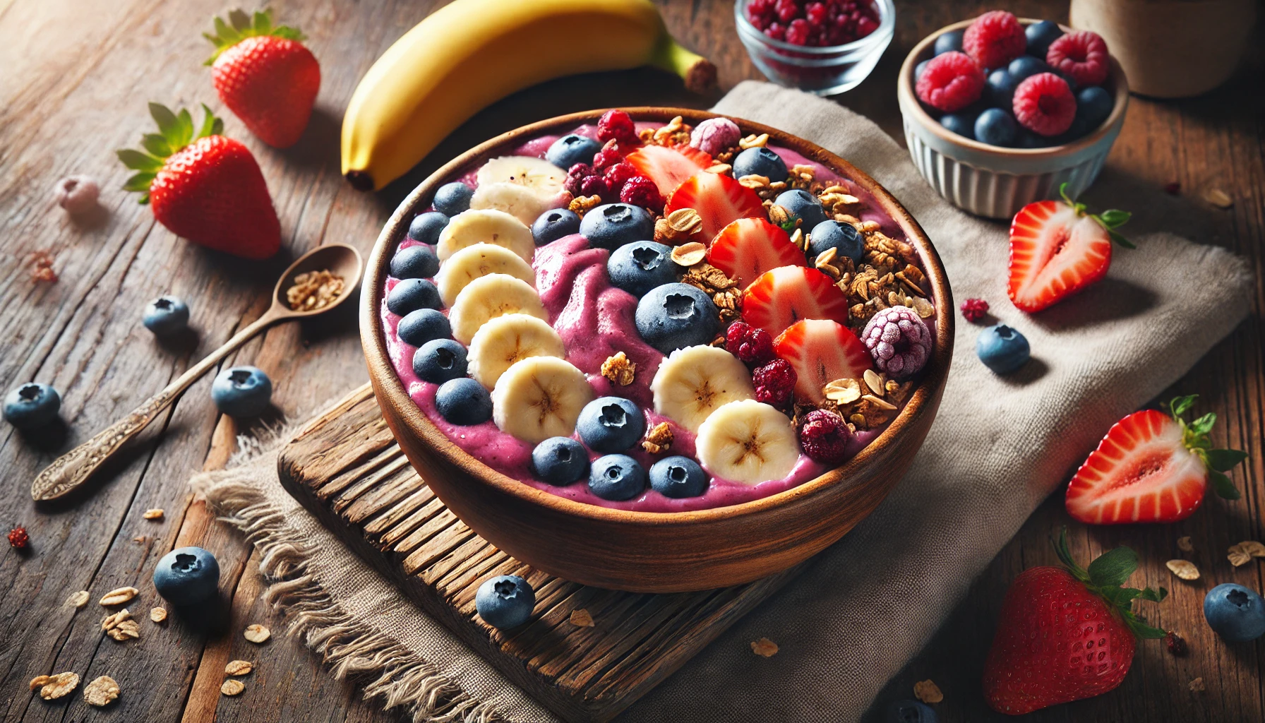 A beautifully styled frozen acai smoothie bowl on a wooden table, topped with fresh fruits like banana slices, blueberries, strawberries, and granola, with a rustic background emphasizing a healthy superfood vibe. High-quality detail, vibrant colors, 16:9 aspect ratio.