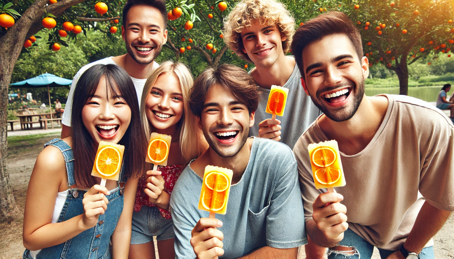 A group of friends in a park, happily enjoying ice candies made with abundant mandarin orange pulp, with bright smiles and joy, showing the product and their enjoyment together in a casual gathering.