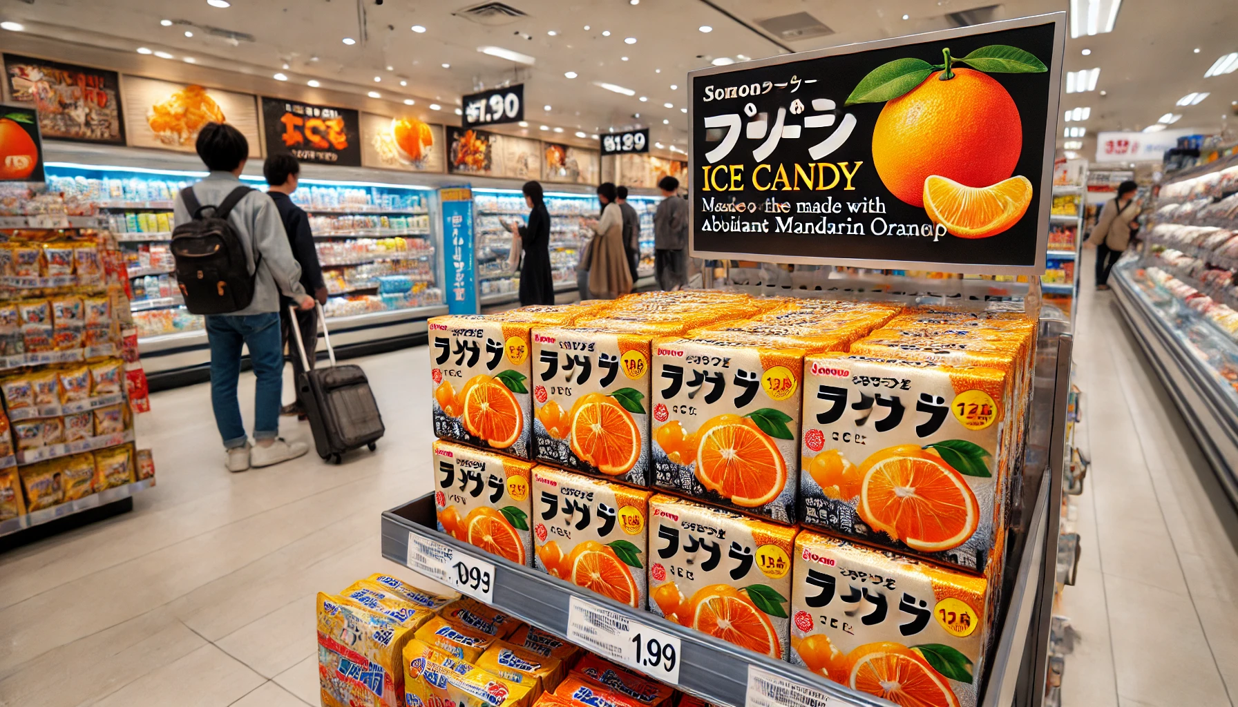 A store display featuring the popular ice candy made with abundant mandarin orange pulp, placed prominently on the shelf with multiple packs, while shoppers are browsing in the background at a Japanese supermarket.