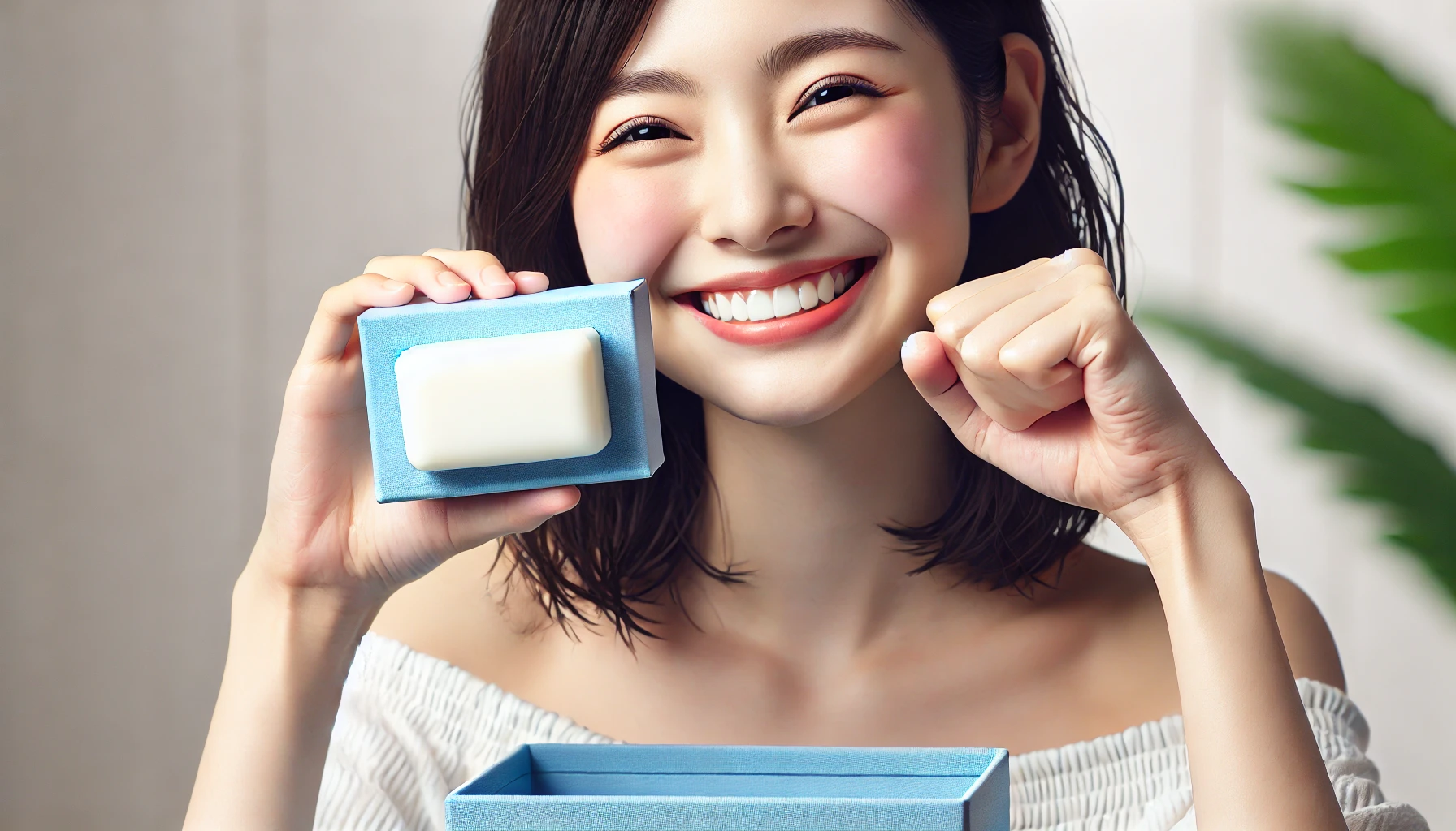 A happy Japanese person holding a blue box containing a white solid soap, expressing joy and satisfaction. The background is clean and bright, symbolizing freshness and quality. The image is horizontal (16:9).