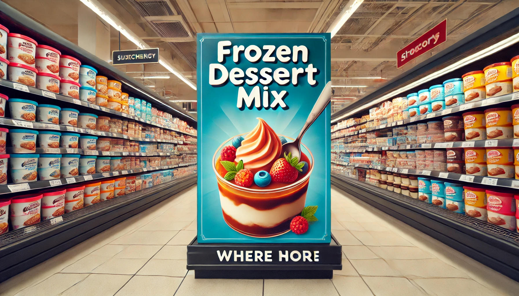 A frozen dessert mix displayed in a supermarket aisle, showing where it can be purchased. The shelves are stocked with various flavors of the dessert mix, with a bright and inviting display.