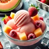 A refreshing homemade frozen dessert featuring strawberry and melon flavors, presented in a bowl with ice crystals. The dessert has a smooth and creamy texture, perfect for summer. Vibrant colors with a focus on the fruity appeal. High-quality food photography.