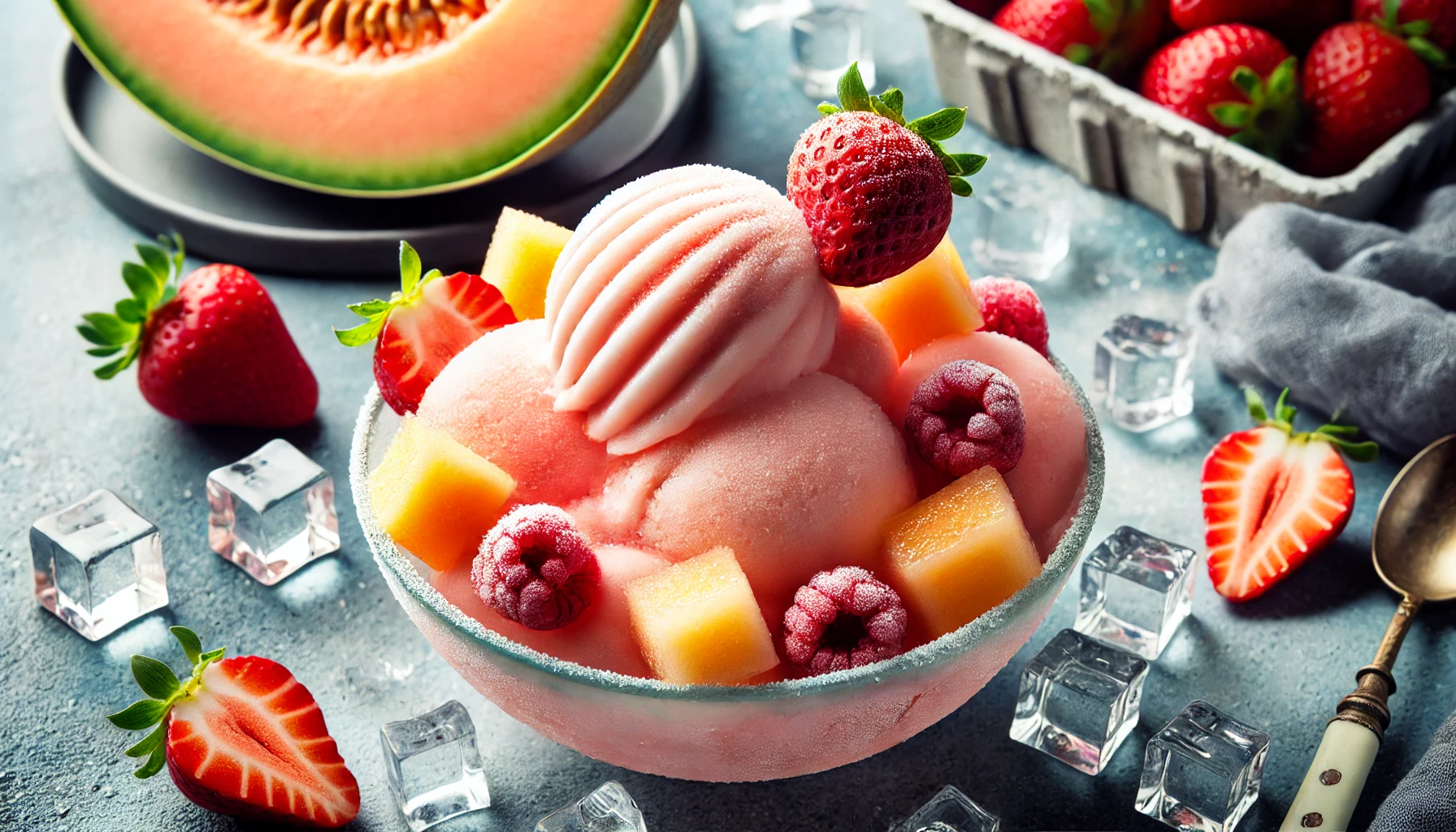 A refreshing homemade frozen dessert featuring strawberry and melon flavors, presented in a bowl with ice crystals. The dessert has a smooth and creamy texture, perfect for summer. Vibrant colors with a focus on the fruity appeal. High-quality food photography.