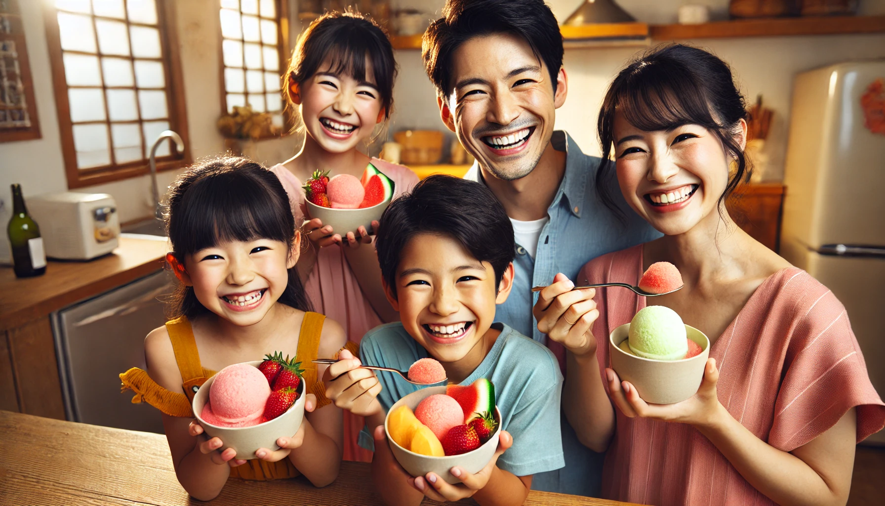 A happy Japanese family enjoying homemade strawberry and melon flavored frozen desserts in their kitchen. Smiling children and parents holding bowls of the frozen treat, showing excitement and satisfaction. A warm, bright atmosphere emphasizing joy and refreshment.