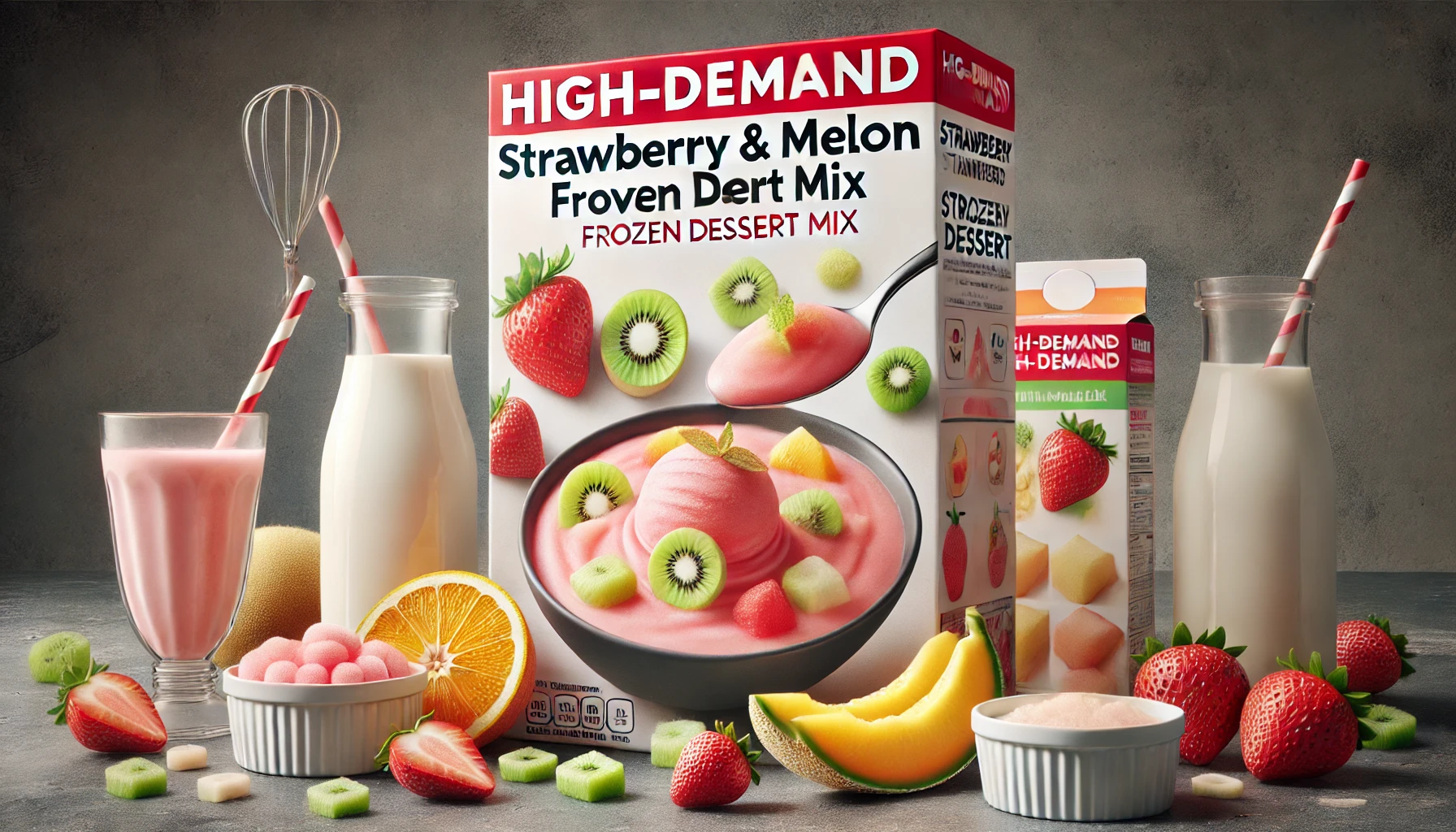 A high-demand strawberry and melon flavored frozen dessert mix, displayed in attractive packaging. The product is showcased with ingredients like milk and fruit, emphasizing its ease of preparation. The scene conveys popularity and high consumer interest.