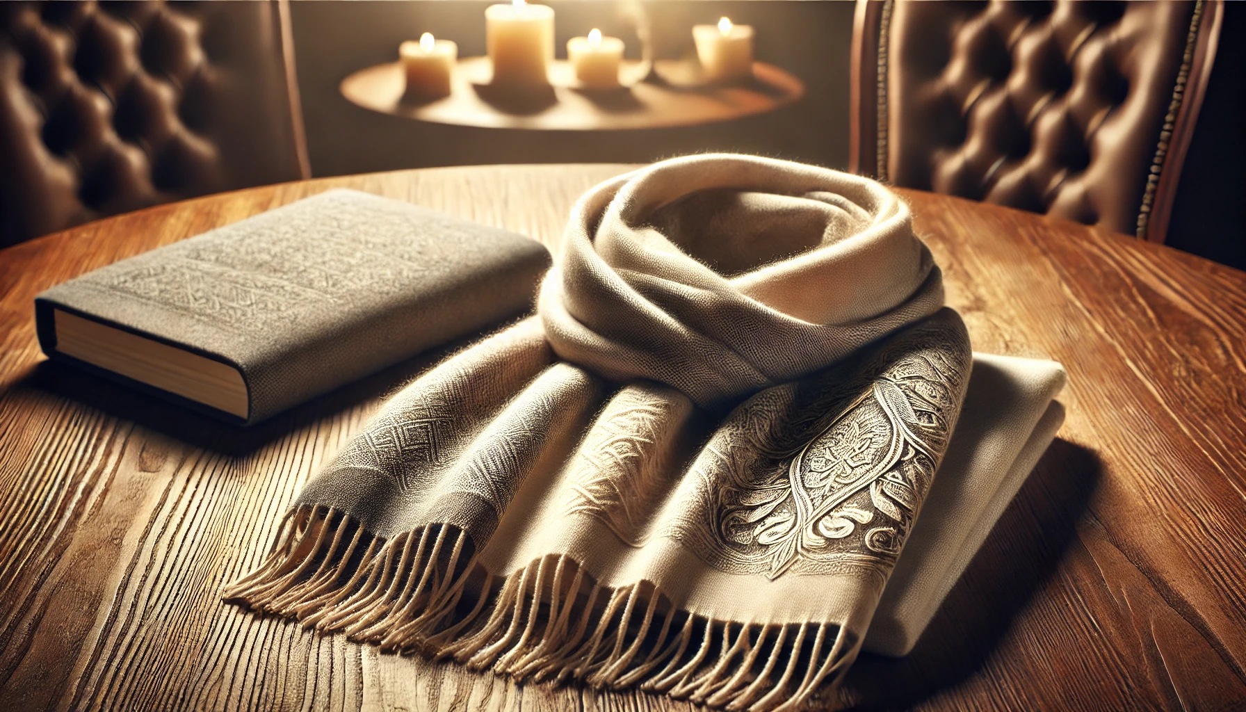 A luxurious scarf made of cashmere and mohair, displayed elegantly on a wooden table with soft lighting. The scarf has a refined design, appealing to fashion lovers worldwide. The background is blurred to emphasize the scarf's texture and quality.