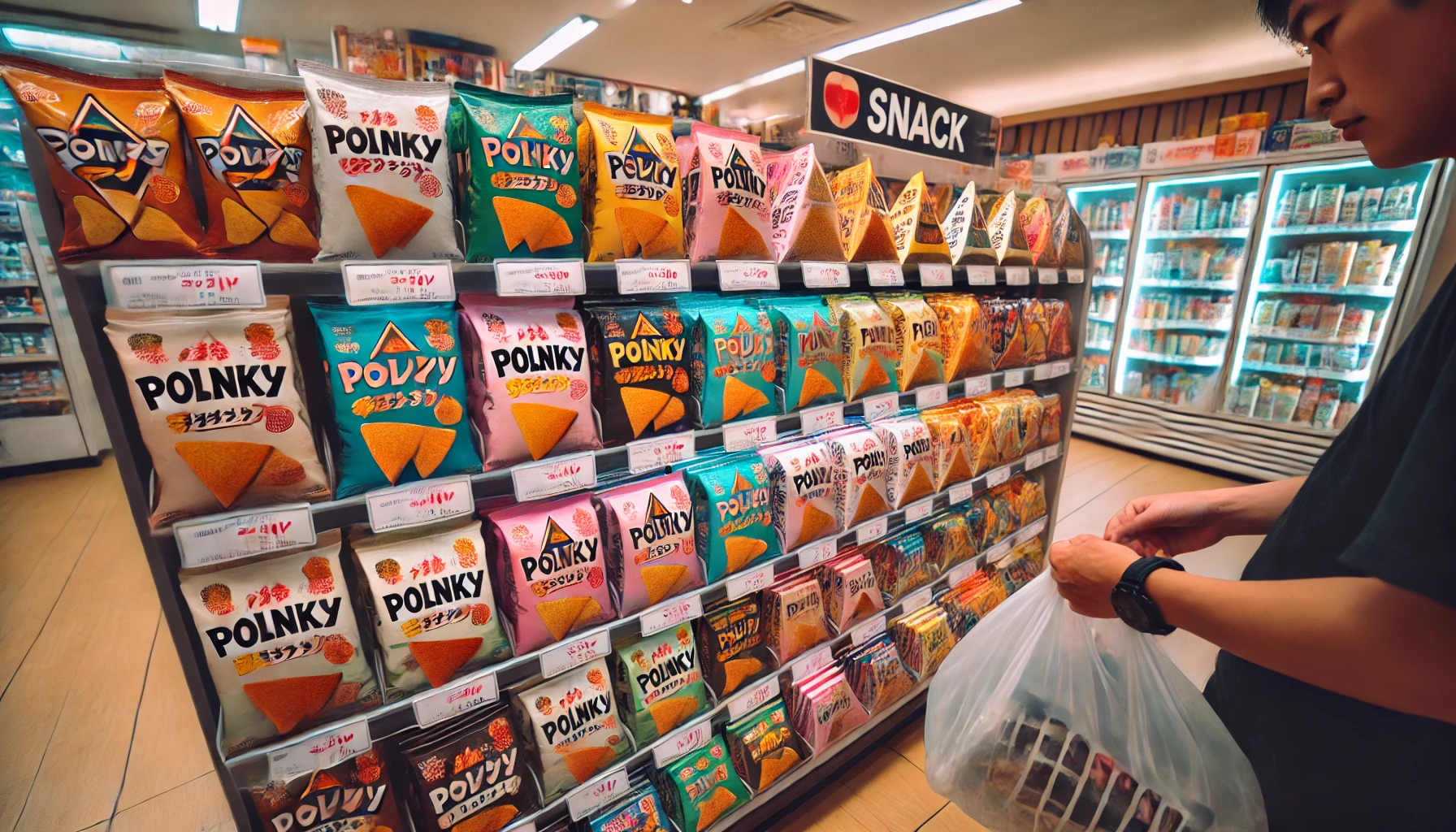 A convenience store aisle in Japan stocked with various triangular-shaped snack chips, similar to Polinky. The shelves are full of colorful snack packages, neatly arranged. A customer is reaching for one of the snack bags.