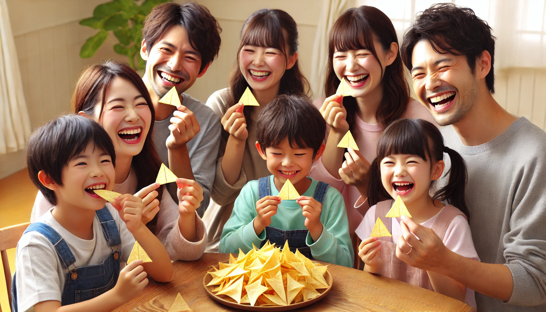 A group of Japanese people, including children and adults, happily enjoying triangular-shaped snack chips, similar to Polinky. They are sitting around a table, sharing the snacks with smiles and laughter. The setting is a bright and cheerful home environment.