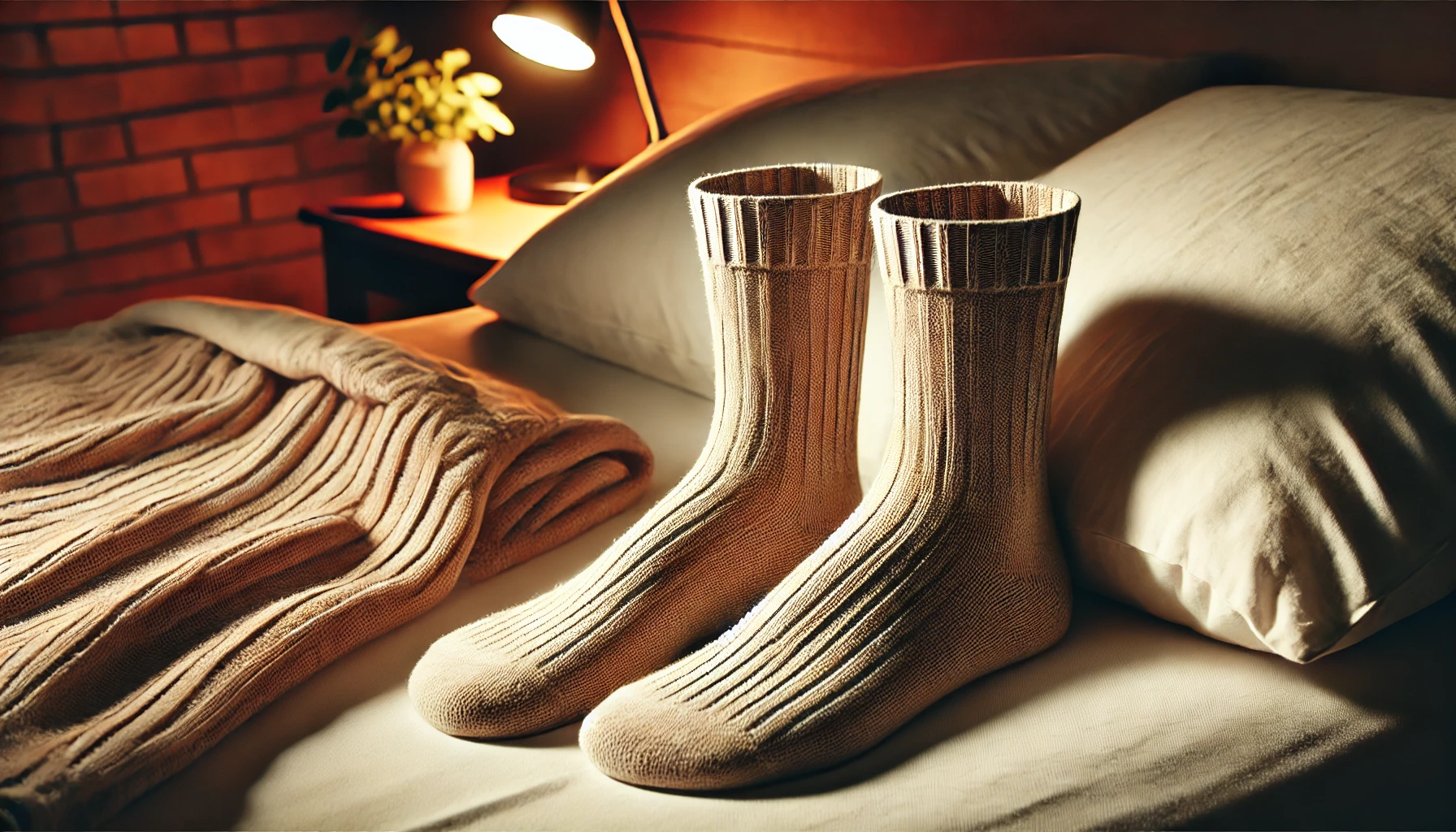 A pair of specially designed socks for sleeping, neatly placed on a cozy bed with soft lighting. The socks are made of warm, breathable material with an open-toe design. The setting is a peaceful bedroom with a relaxed nighttime ambiance.