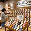 A store display featuring specially designed sleeping socks. Shelves neatly stocked with various colors and sizes of the socks. Customers browsing and picking up the socks, considering their purchase. The store has a cozy and inviting ambiance.