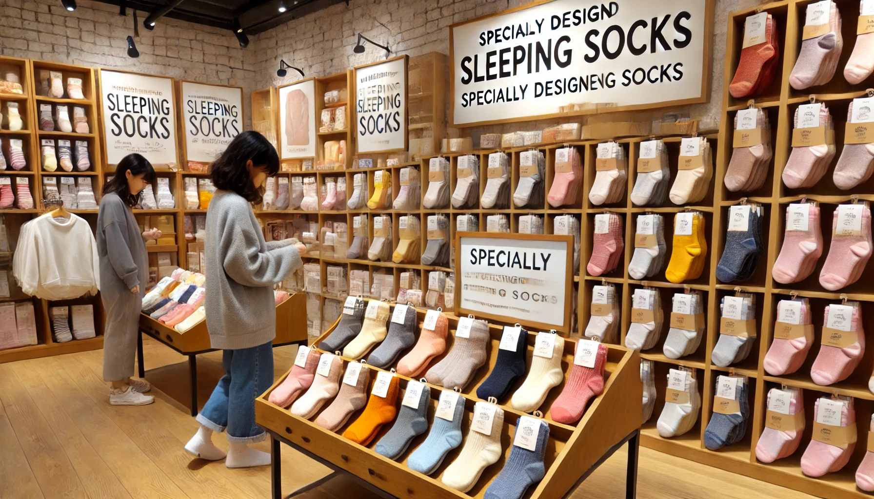 A store display featuring specially designed sleeping socks. Shelves neatly stocked with various colors and sizes of the socks. Customers browsing and picking up the socks, considering their purchase. The store has a cozy and inviting ambiance.