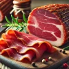 A close-up of thinly sliced, dry-cured ham arranged on a wooden cutting board. The ham has a deep red color with marbled fat, and the texture looks slightly firm due to the drying process. A sprig of rosemary and a few peppercorns are placed beside the ham for garnish. The background is softly blurred, giving a warm and inviting feel.