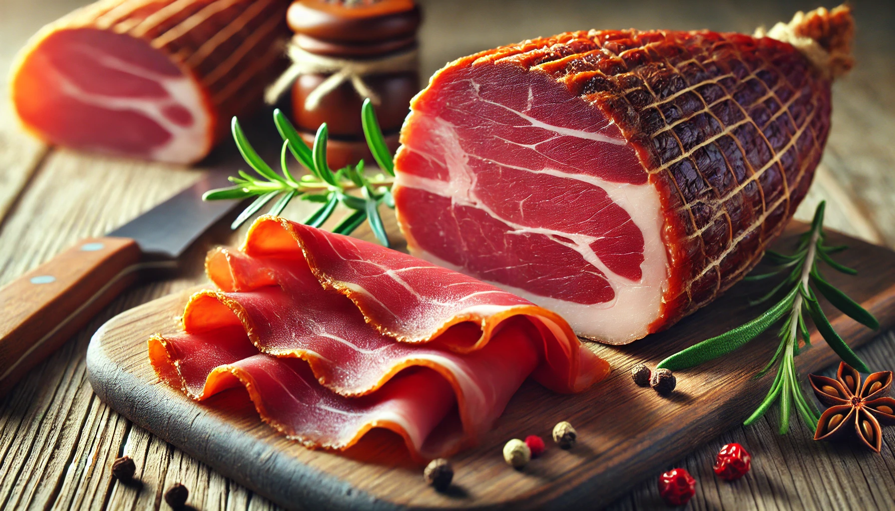 A close-up of thinly sliced, dry-cured ham arranged on a wooden cutting board. The ham has a deep red color with marbled fat, and the texture looks slightly firm due to the drying process. A sprig of rosemary and a few peppercorns are placed beside the ham for garnish. The background is softly blurred, giving a warm and inviting feel.