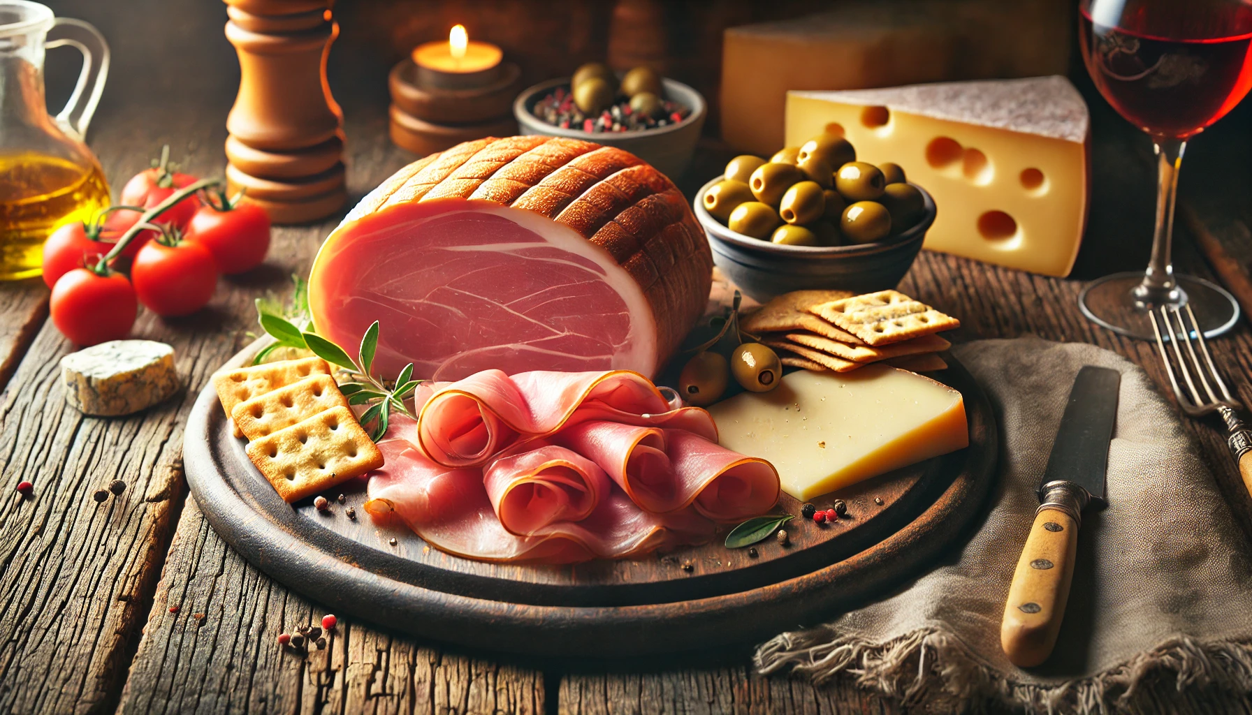 A beautifully arranged charcuterie board featuring dry-cured ham, cheese, olives, and crackers, placed on a rustic wooden table. The ham is the focal point, elegantly folded and layered. The setting has warm, ambient lighting, creating a cozy and inviting atmosphere.