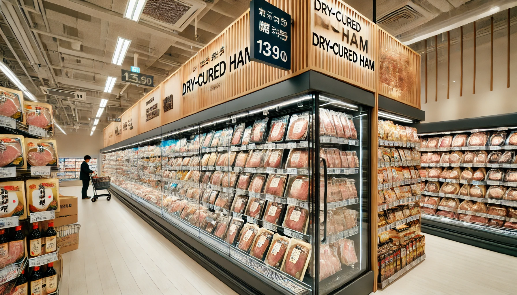 A Japanese supermarket aisle featuring a refrigerated section with various packaged dry-cured ham products. Shelves are stocked with different brands, and clear price tags are visible. The lighting is bright, and the store has a clean, organized look. A few customers are seen browsing the section.