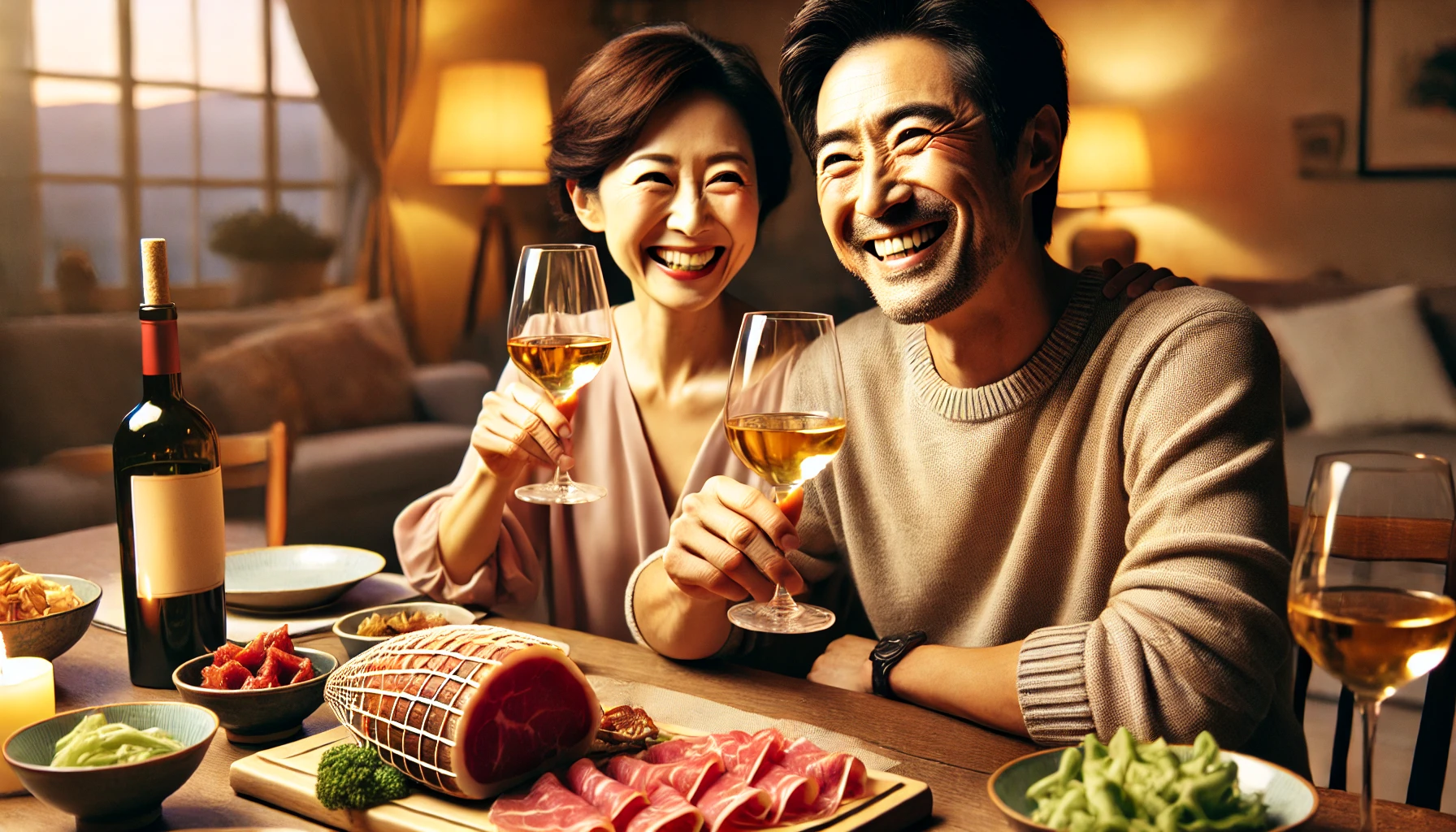 A joyful Japanese couple sitting at a dining table, smiling as they enjoy dry-cured ham with wine. The table is set with a variety of appetizers, and the atmosphere is warm and inviting. The lighting is soft, enhancing the cozy and celebratory mood.