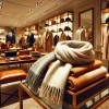 A luxurious cashmere and mohair scarf elegantly displayed in a boutique store, surrounded by other high-end fashion items. The store has a sophisticated ambiance with warm lighting and wooden shelves. The scarf is carefully folded to showcase its refined texture and stylish design, appealing to fashion lovers worldwide.