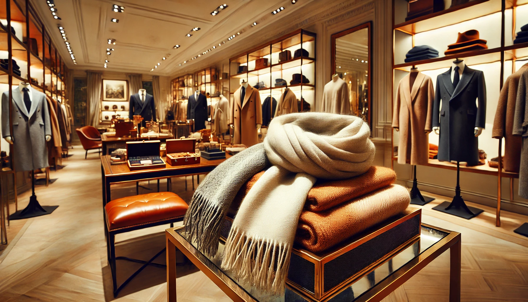 A luxurious cashmere and mohair scarf elegantly displayed in a boutique store, surrounded by other high-end fashion items. The store has a sophisticated ambiance with warm lighting and wooden shelves. The scarf is carefully folded to showcase its refined texture and stylish design, appealing to fashion lovers worldwide.