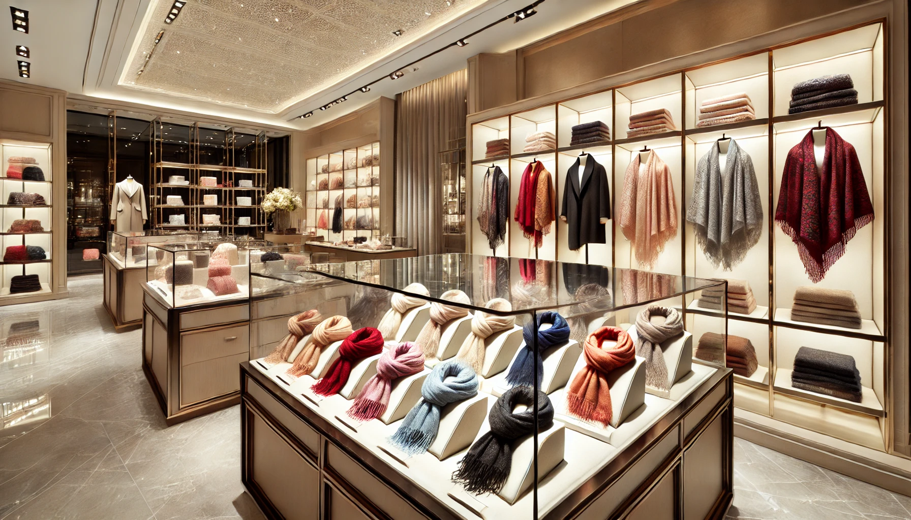 A high-end boutique selling luxurious cashmere and mohair scarves. The store has a refined, elegant interior with glass display cases and neatly arranged scarves in various colors. The lighting highlights the softness and quality of the scarves, appealing to fashion enthusiasts.