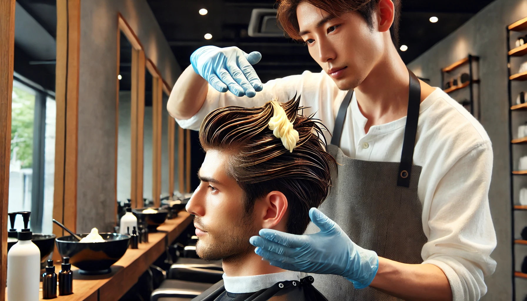 A professional Japanese hairstylist using a high-quality hair wax on a male customer in a modern salon. The hairstylist is applying the wax carefully, styling the hair with precision. The atmosphere is clean and stylish, with salon equipment visible in the background.