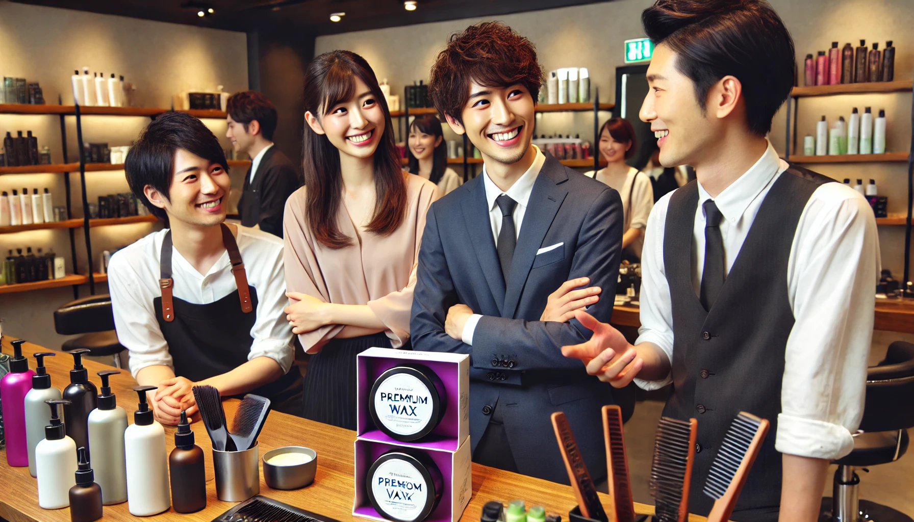 A group of Japanese hairstylists in a modern salon discussing the high popularity of a premium hair wax. They are smiling and engaged in conversation, with hair products and styling tools visible on the counter. The salon has a stylish and professional atmosphere.