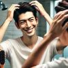 A happy Japanese man looking in the mirror after applying high-quality hair wax. He is smiling and adjusting his styled hair with his hands. The background is a stylish bathroom with good lighting, giving a sense of satisfaction and confidence.