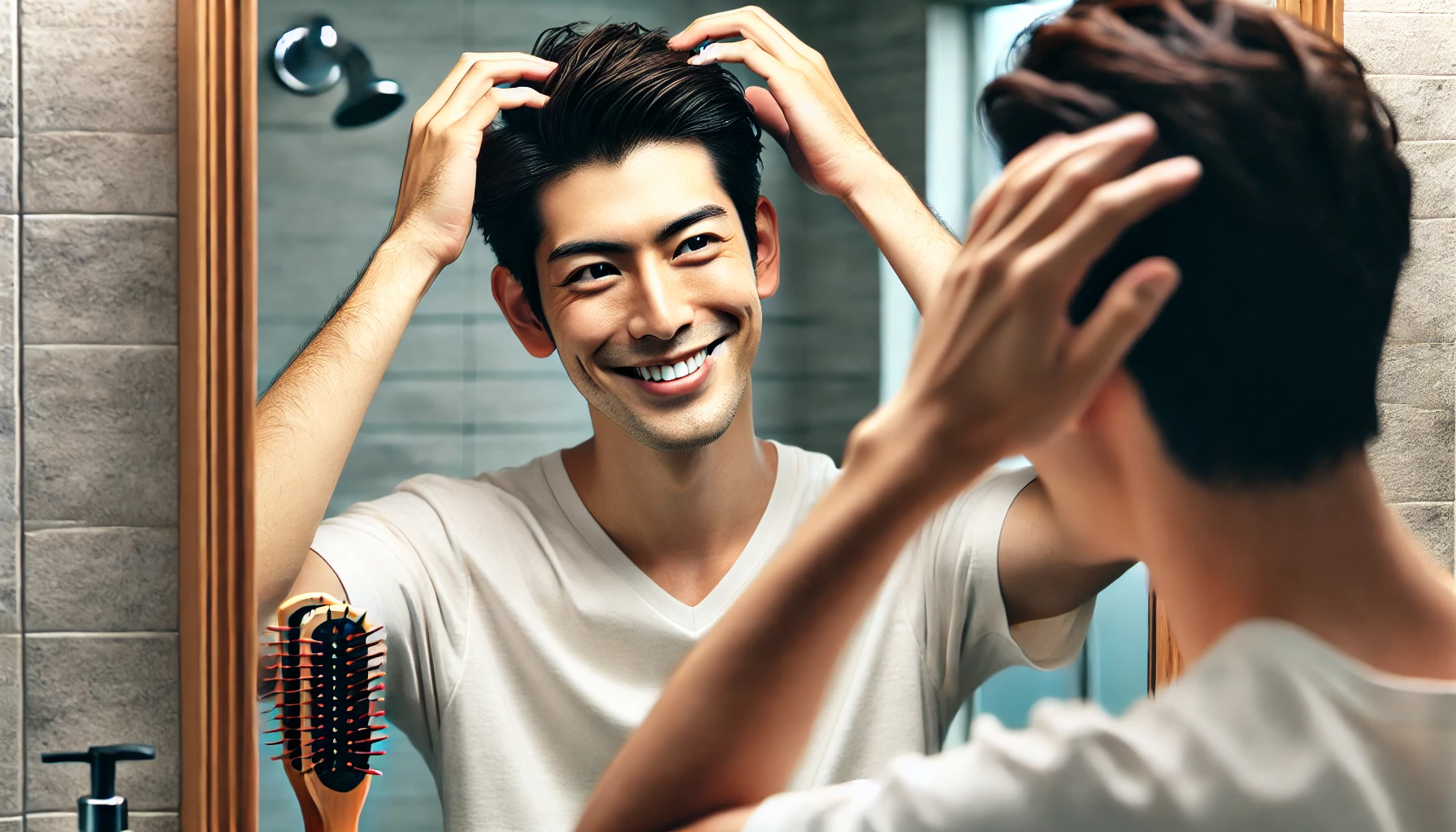 A happy Japanese man looking in the mirror after applying high-quality hair wax. He is smiling and adjusting his styled hair with his hands. The background is a stylish bathroom with good lighting, giving a sense of satisfaction and confidence.