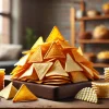 A variety of triangular-shaped snack chips, similar to Polinky, displayed on a wooden table. The snacks are golden, crispy, and have a textured surface. Some are stacked, while others are scattered. The background is blurred, showing a cozy indoor setting.