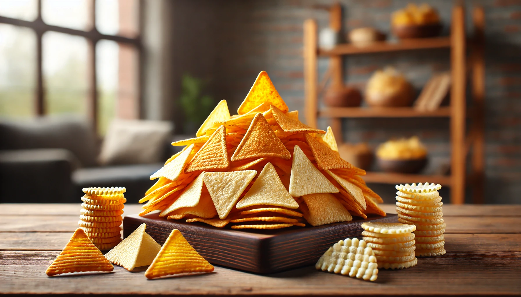 A variety of triangular-shaped snack chips, similar to Polinky, displayed on a wooden table. The snacks are golden, crispy, and have a textured surface. Some are stacked, while others are scattered. The background is blurred, showing a cozy indoor setting.