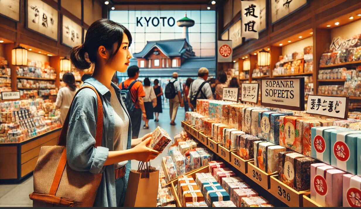 京都のお土産売り場でお土産を探す女性