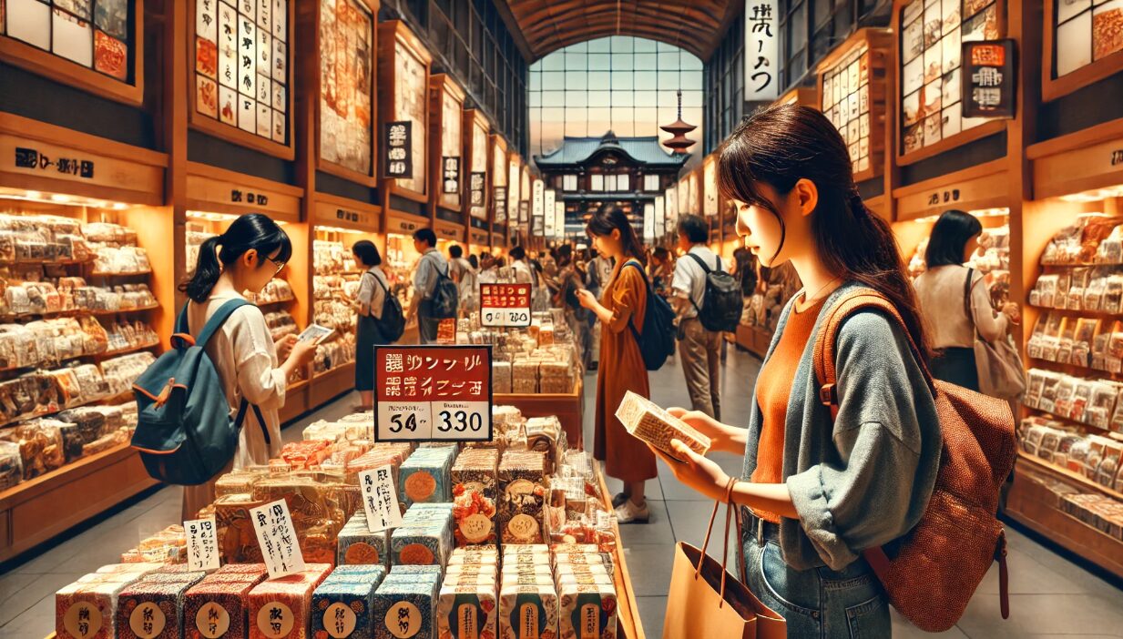 京都のお土産売り場でお土産を探す女性2