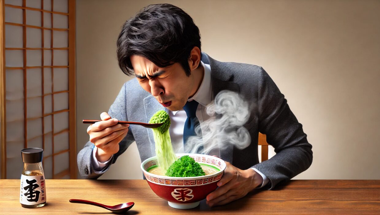 山わさび塩ラーメンを食べる男性
